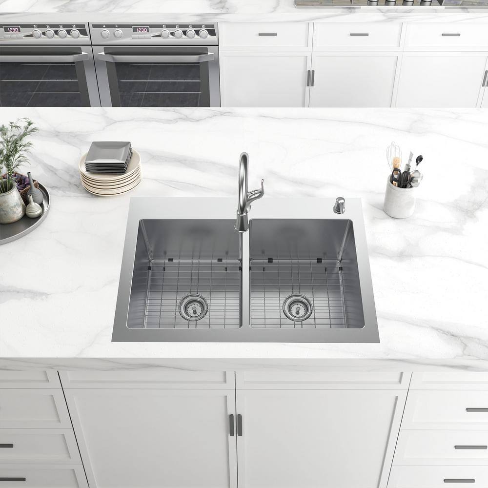 Glacier Bay AIO Dolancourt 33 in. Drop-inUndermount Double Bowl 18 Gauge Stainless Steel Kitchen Sink with Pull-Down Faucet VDR3322A0PA1