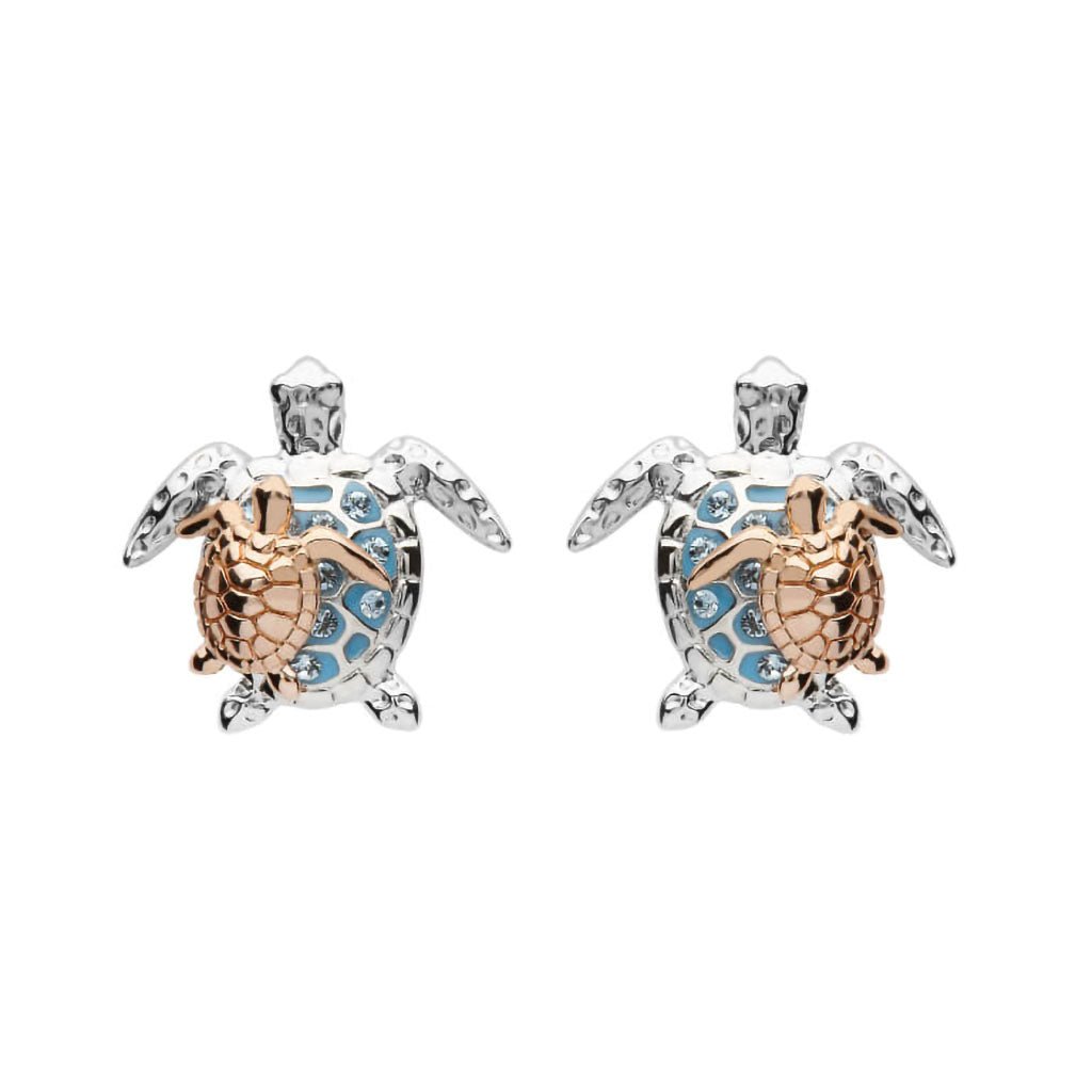 Ocean  Mother & Baby Turtle Stud Earrings With Crystals