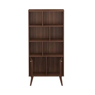 Prepac Milo Mid-Century Modern Bookcase with Inlet Shelves Two Doors and Brushed Brass-Finished Knobs Cherry CSBL-1418-1