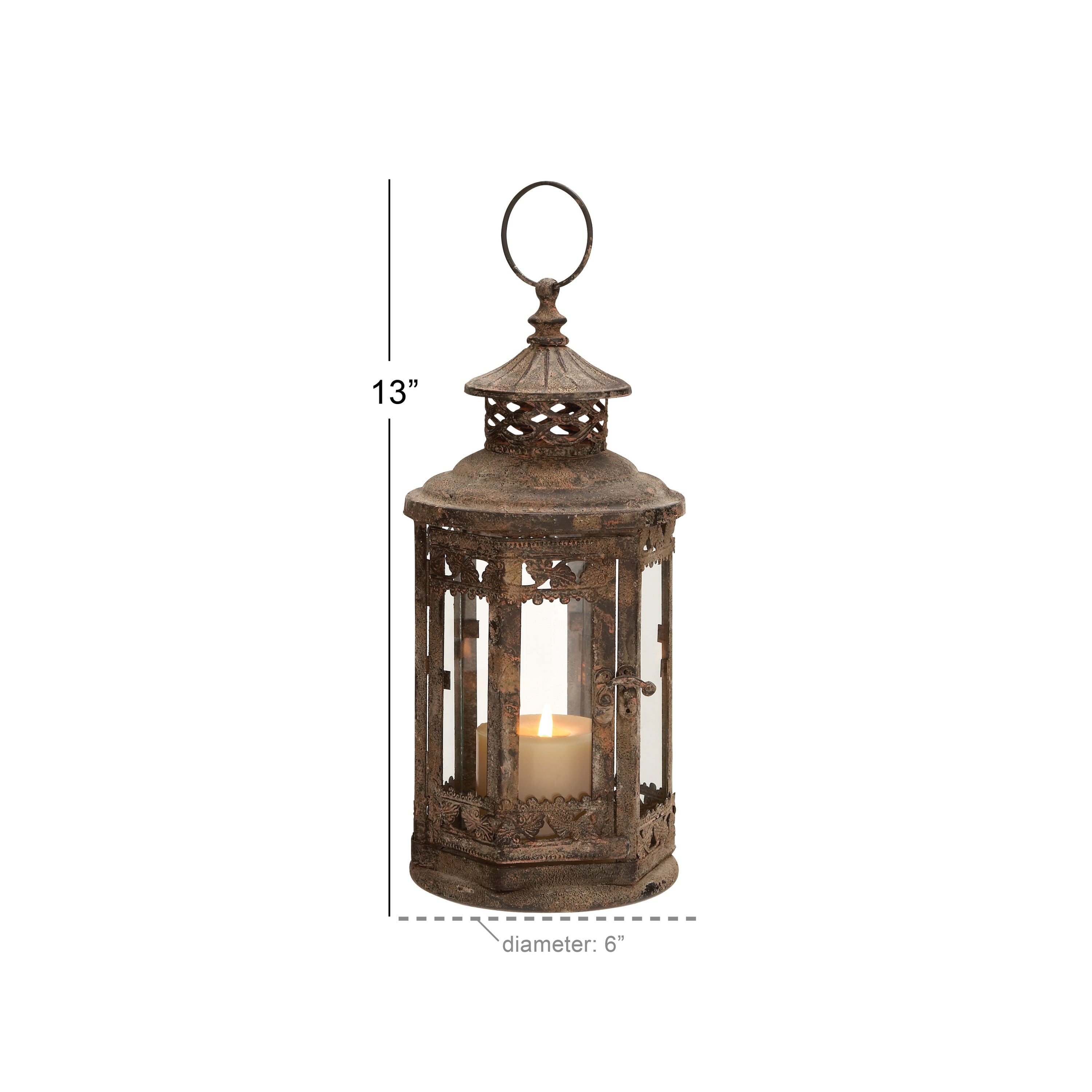 DecMode Brown Metal Candle Lantern with Intricate Scroll Work