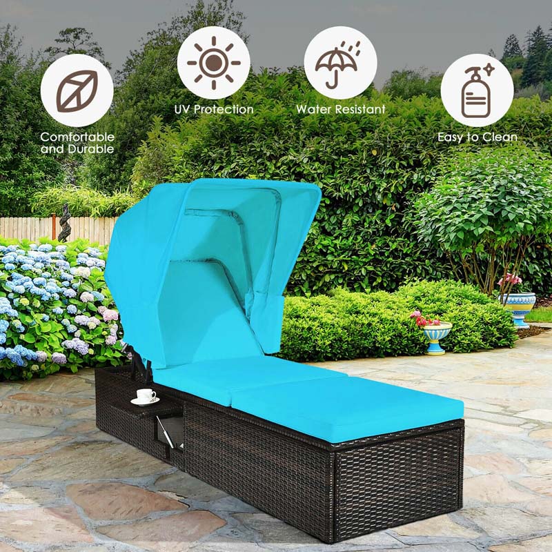 Cushioned Rattan Outdoor Chaise Lounge Chair Sun Lounger 5-Position with Folding Canopy & Flip-up Tea Table