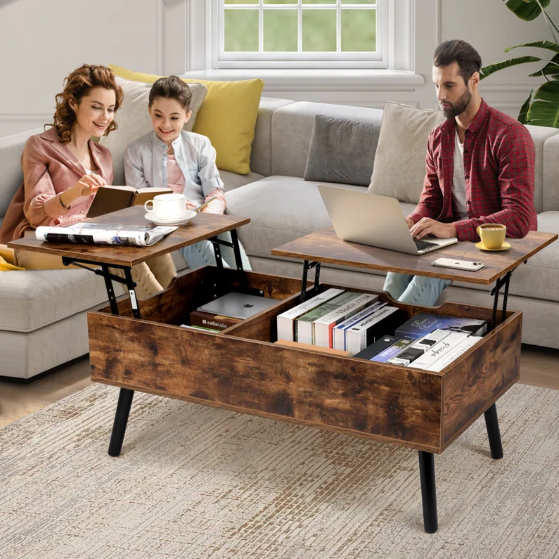 Lift Top Coffee Table with Storage, Double Lift Top Rectangular Storage Coffee Table