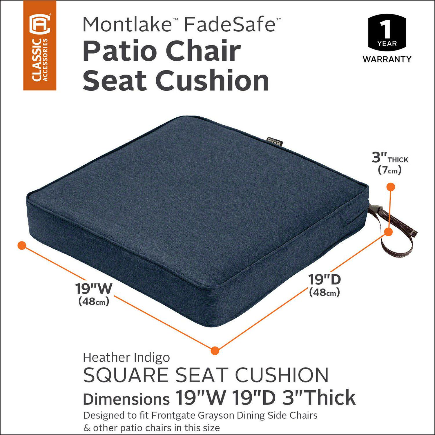 Classic Accessories Montlake FadeSafe Water-Resistant Patio Dining Seat Cushion， 19 x 19 x 3 inch， Light Charcoal