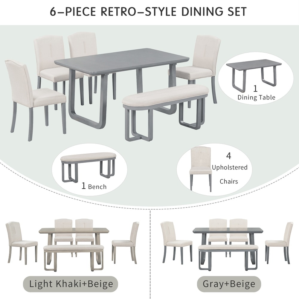 6 Piece Retro Style Dining Set Includes Dining Table 4 Upholstered Chairs   Bench with Foam covered Seat Backs   Cushions