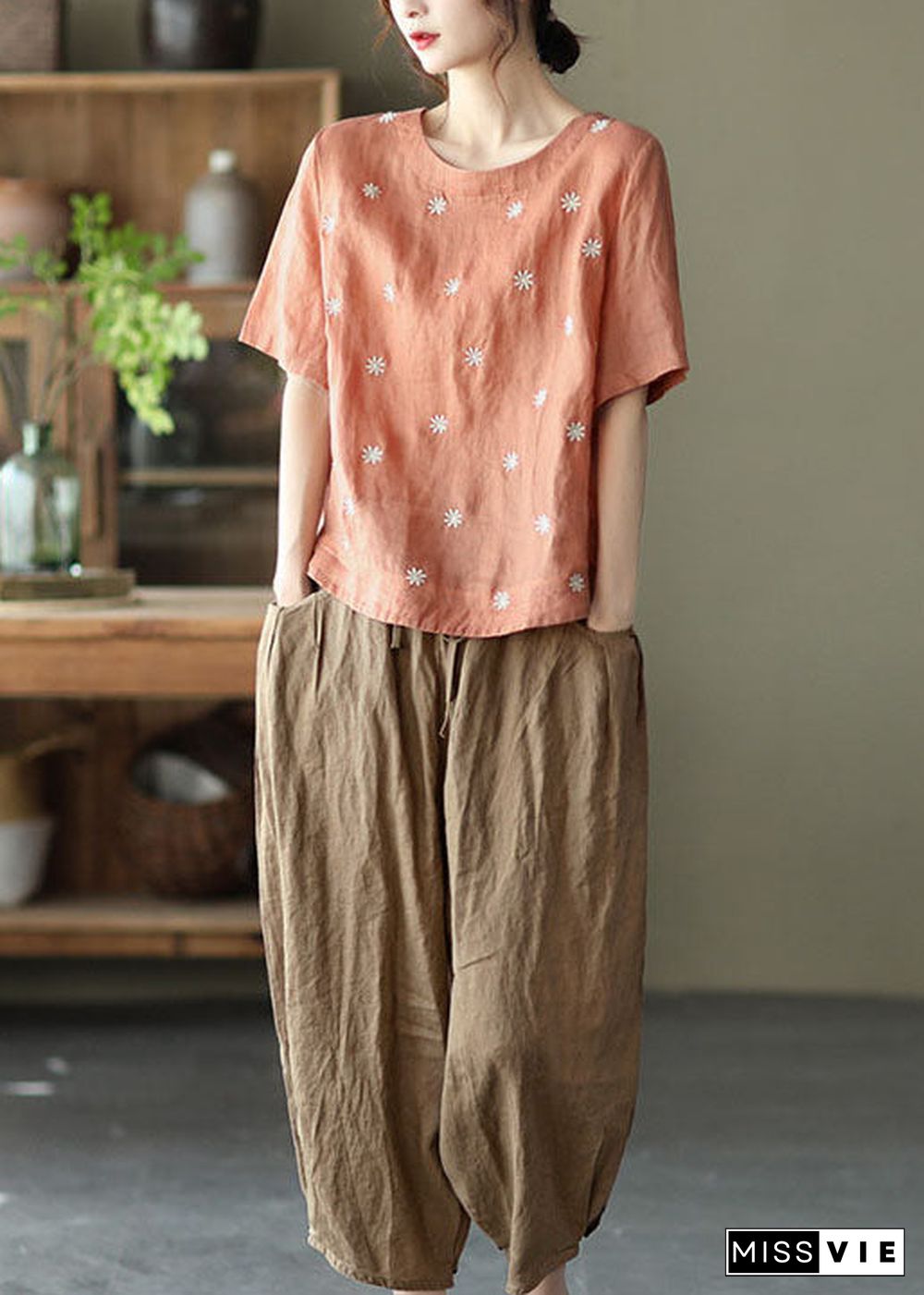 Orange Floral Embroideried Linen Blouses top Short Sleeve