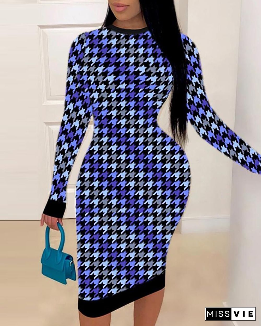 Houndstooth Print Long Sleeve Bodycon Dress P12376