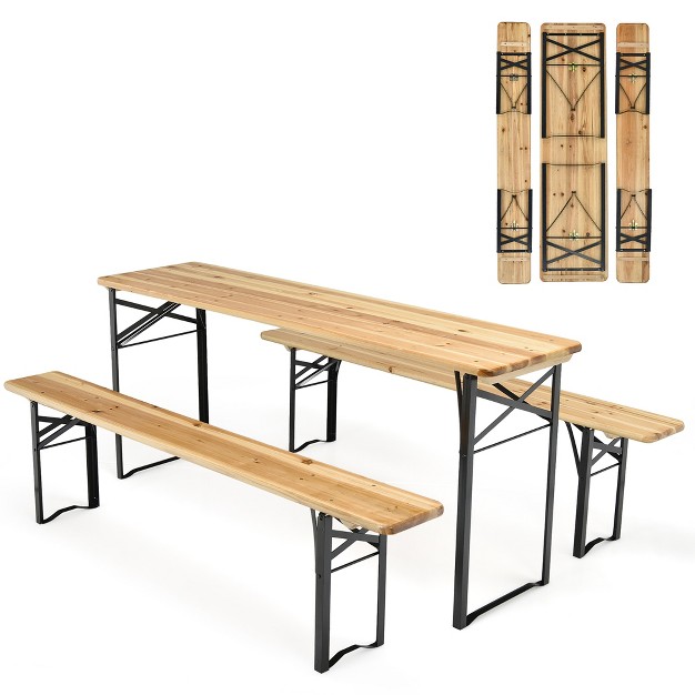 Costway 3 Pcs Beer Table Bench Set Folding Wooden Top Picnic Table Patio Garden