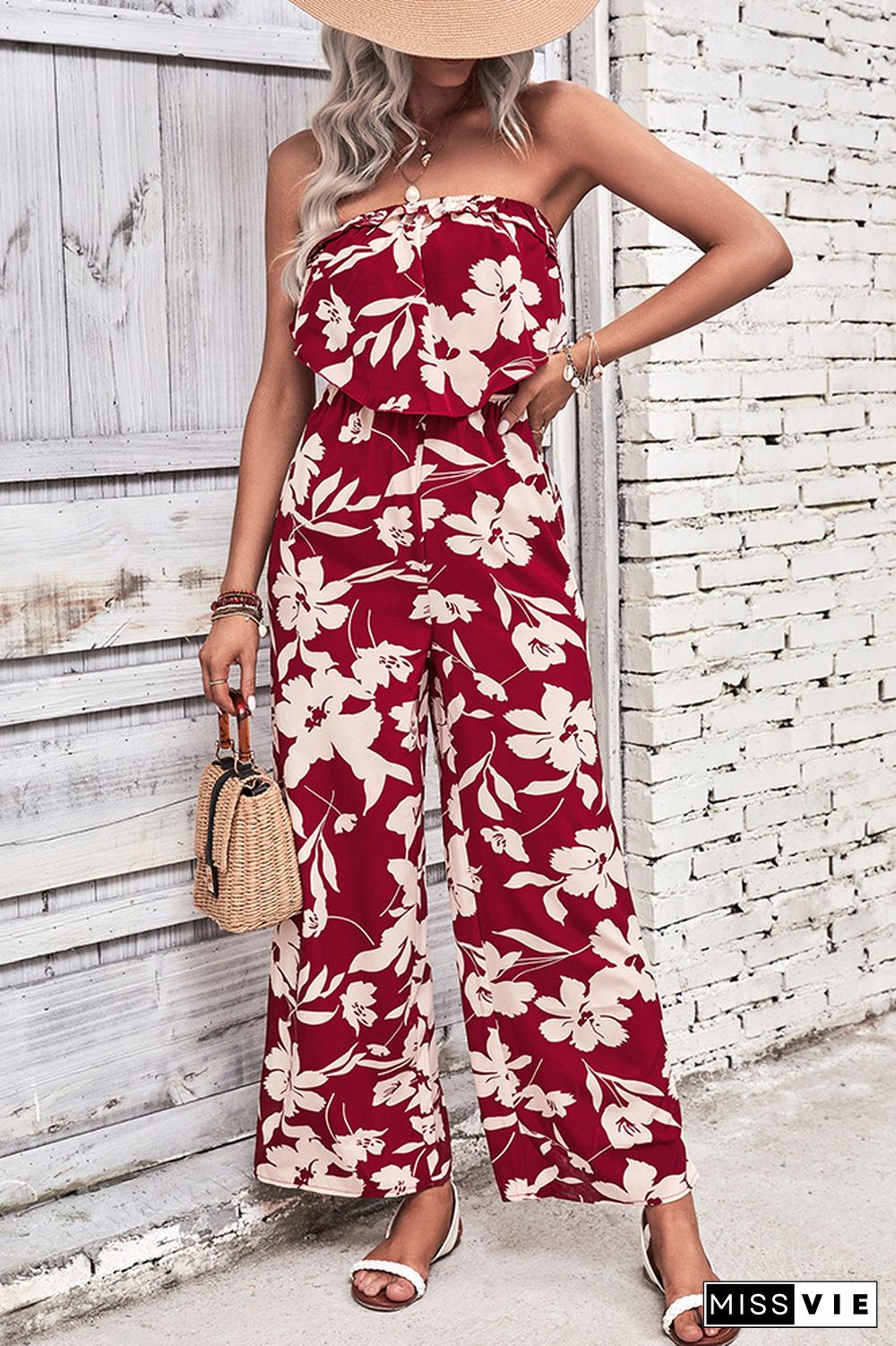 Strapless Ruffles Floral Jumpsuit