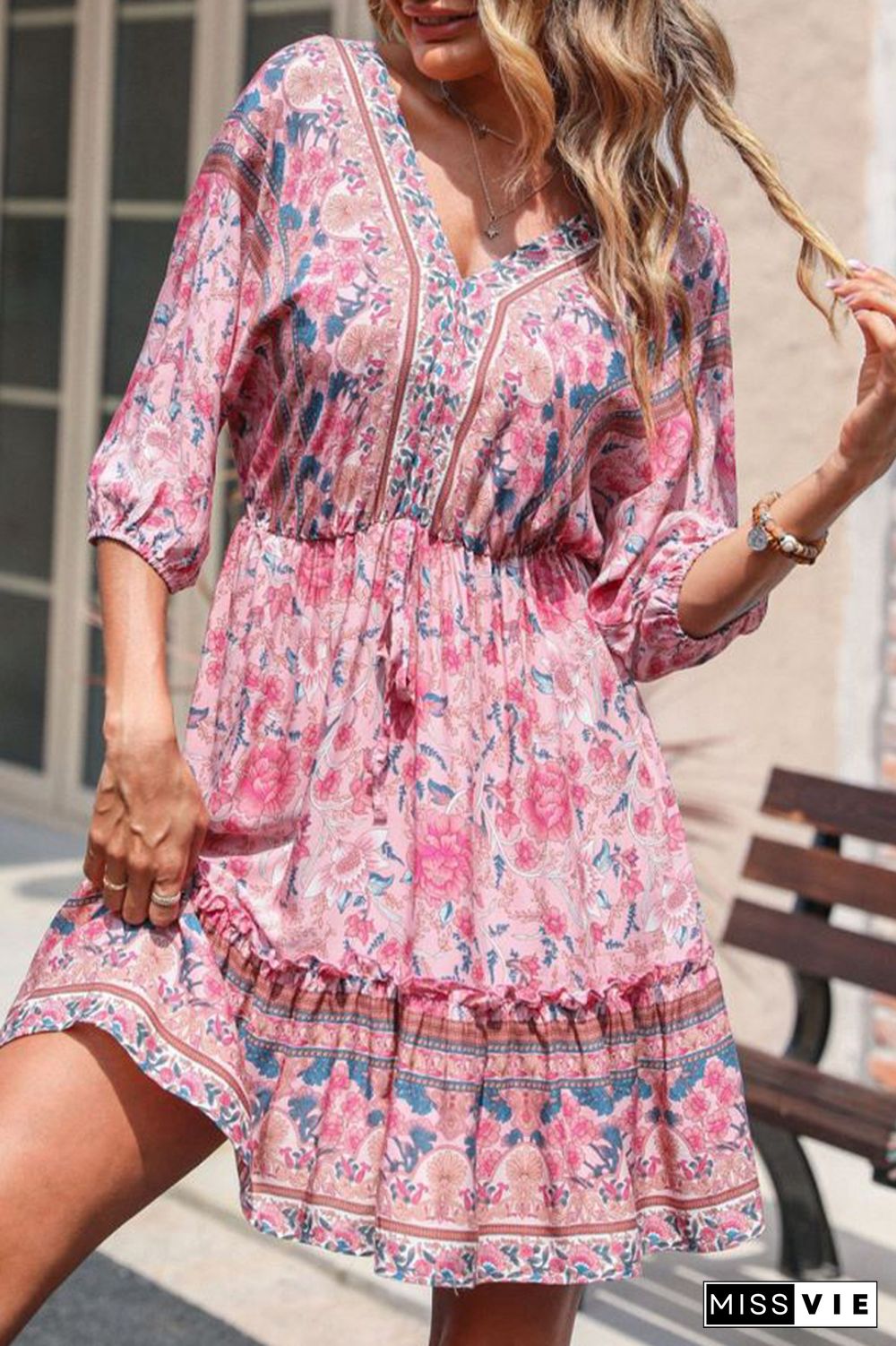 Pink Floral Print Vintage Loose Dress Wholesale