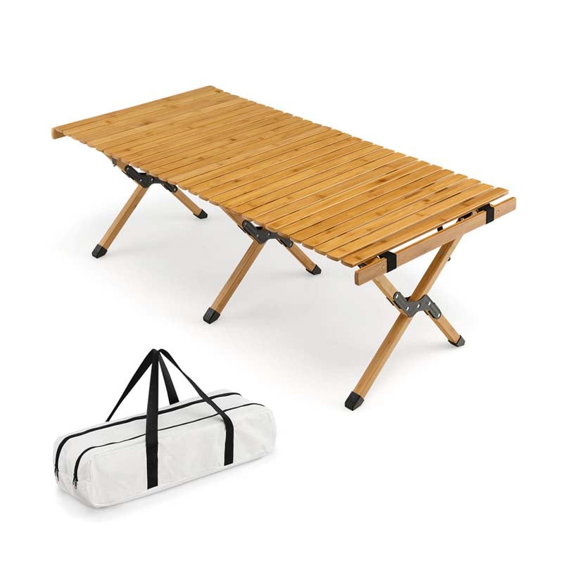 Folding Camping Table Portable Picnic Table with Carry Bag, Roll-up Bamboo Tabletop for BBQ Party Hiking