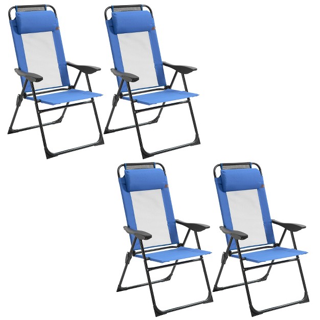 Outsunny Set Of 4 Folding Patio Chairs Camping Chairs With Adjustable Sling Back Removable Headrest Armrest For Garden Backyard Lawn Blue