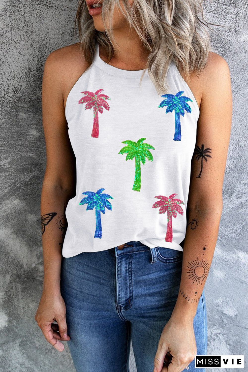 White Sequin Coconut Tree Graphic Tank Top