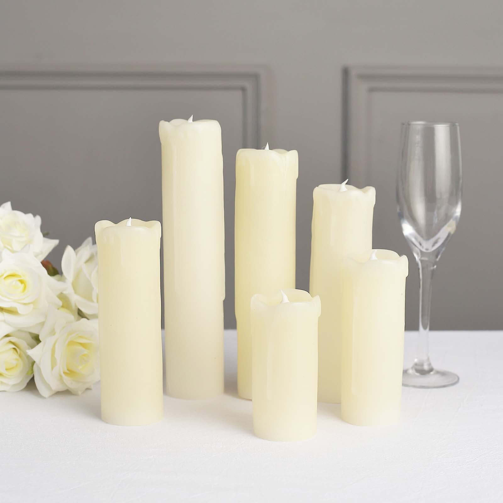 Set of 6 Warm White Flameless Flicker LED Drip Wax Pillar Candles, Battery Operated Luminaria Holiday Candles