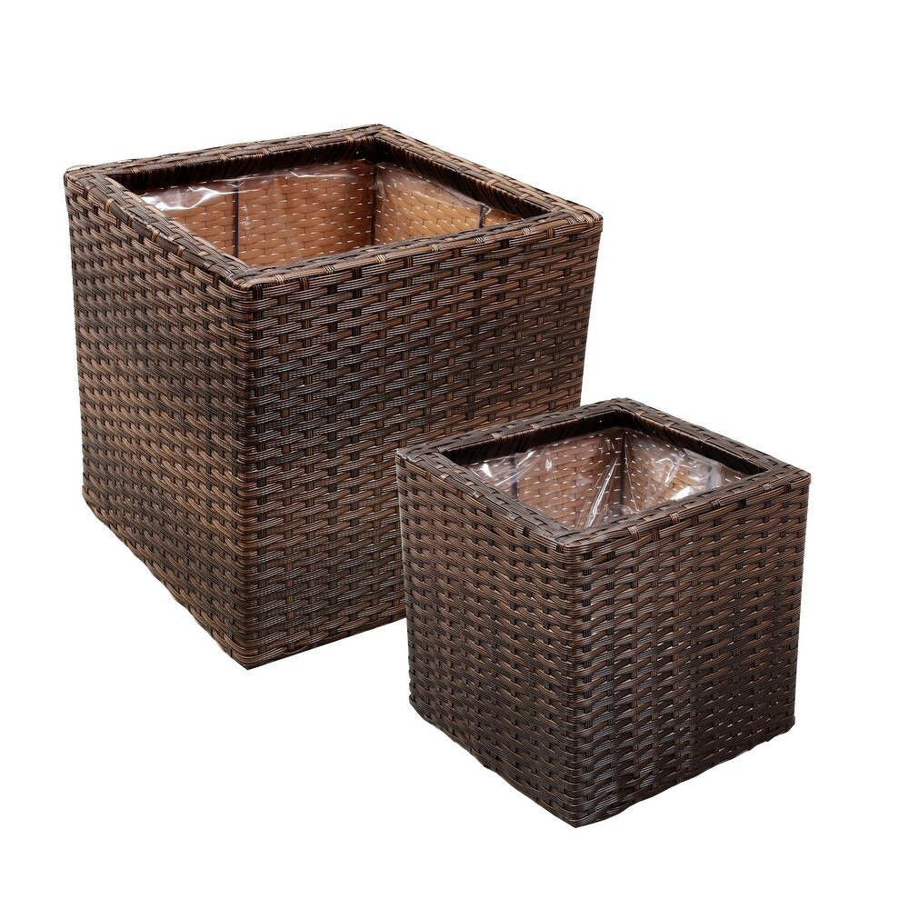 Sunnydaze Square Polyrattan Indoor Planters   1 Large/1 Small Planter