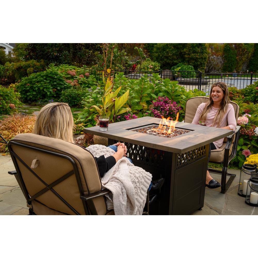 Endless Summer DualHeat 38 in. W x 30 in. H Outdoor Square Steel LP Gas Bronze Fire Pit Heater with Push Ignition HideAway Cover GAD19103ES