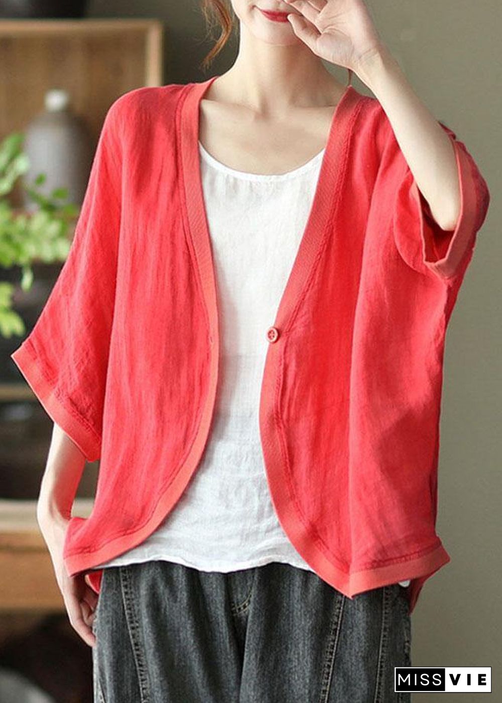 Handmade Red Loose Button Fall Three Quarter sleeve Shirt Top