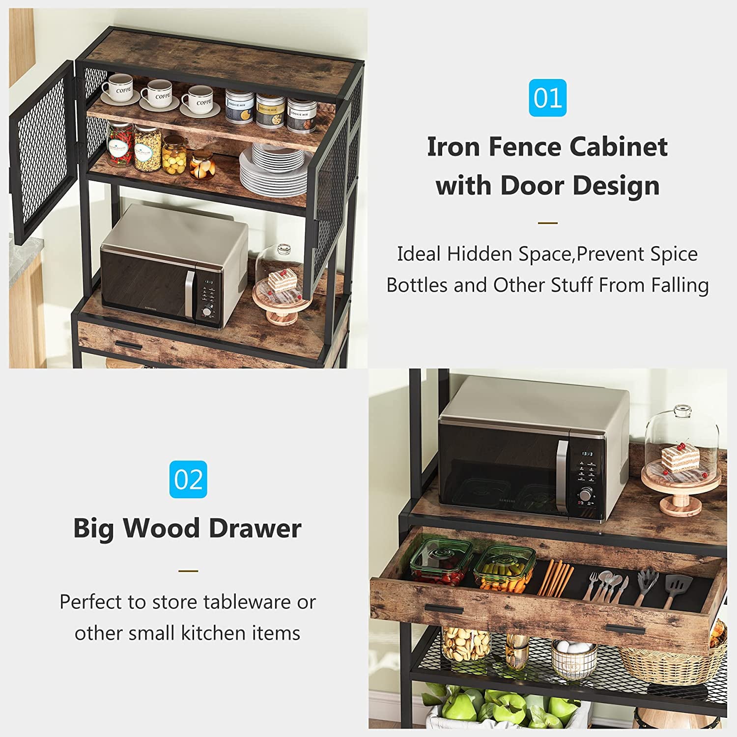 Tribesigns Kitchen Bakers Rack， Microwave Oven Stand with Storage Shelves Cabinet and Drawer， Bakers Racks for Kitchens with Storage Hutch， Kitchen Storage Shelf Organizer Rack for Dinning Room