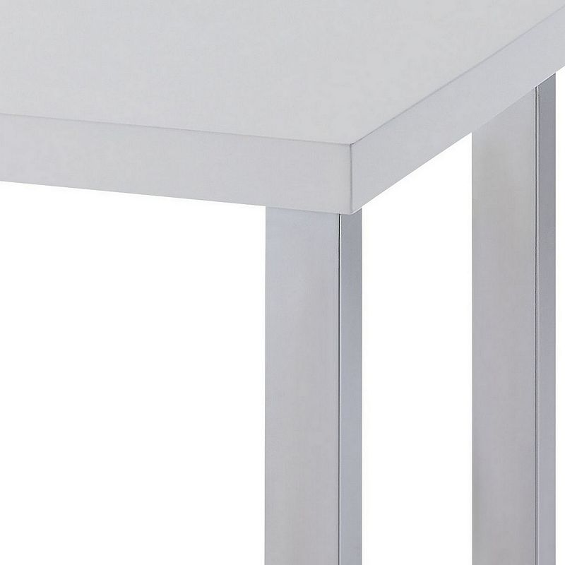 Square Wooden End Table with Straight Metal Legs， White and Chrome