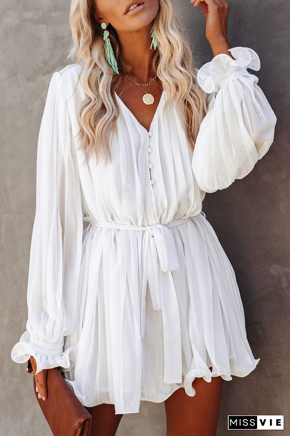 White Pleated Ruffled Tie Waist Buttons V Neck Romper