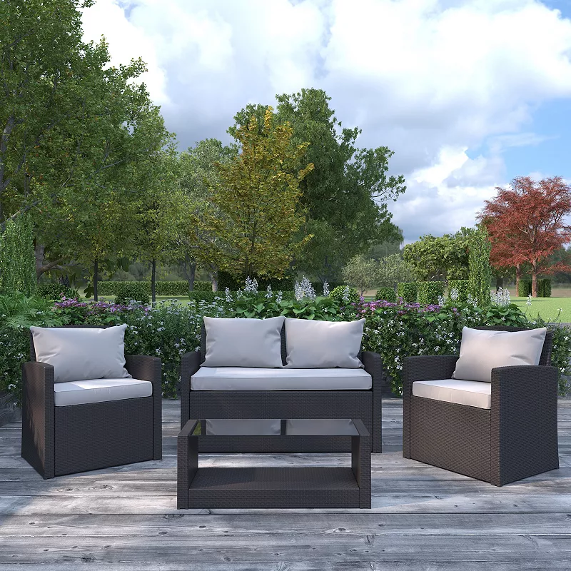 Merrick Lane Atlas 4 Piece Patio Set Contemporary Loveseat， 2 Chair and Coffee Table Set with Back Pillows and Seat Cushions