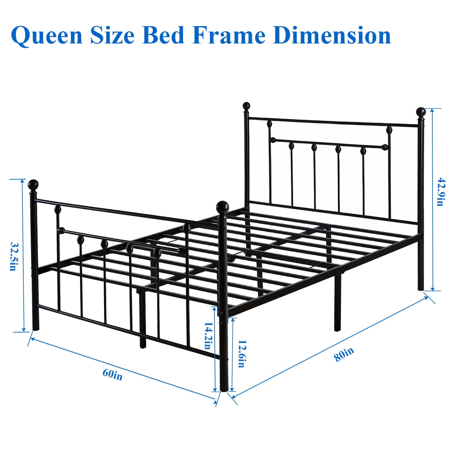 VECELO Metal Bed Platform Frame with Headboard and Footboard, Mattress Foundation, Queen Size, Black