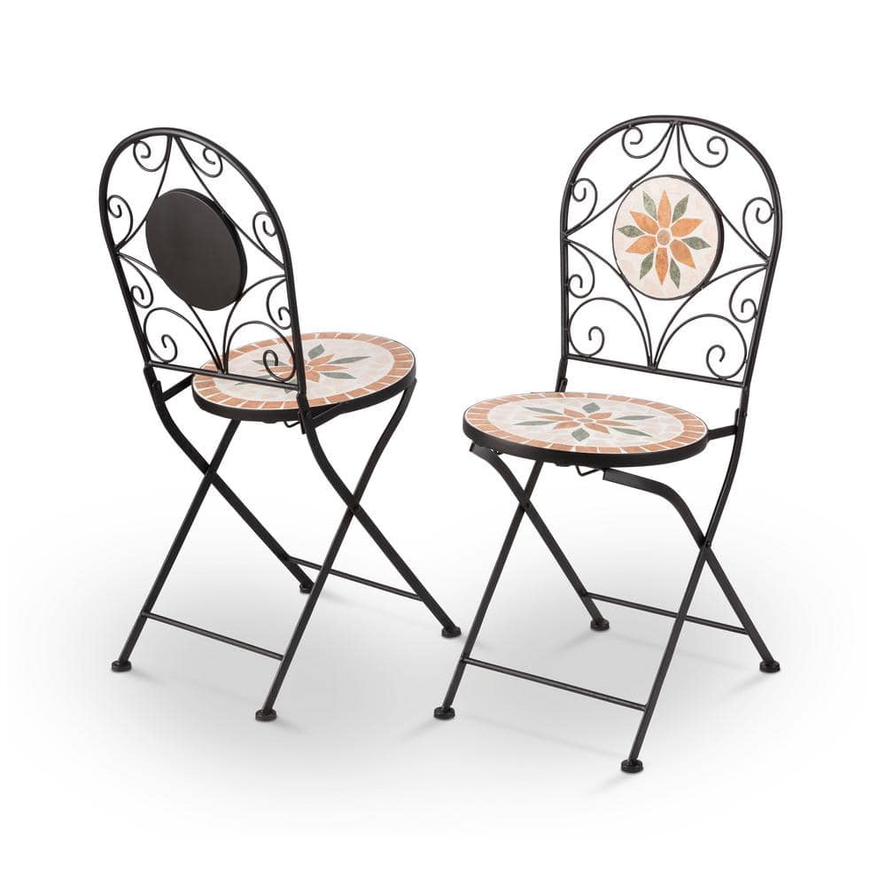 Alpine Corporation Indoor/Outdoor 3-Piece Mosaic Bistro Set Folding Table and Chairs Patio Seating, Tan JFH918A