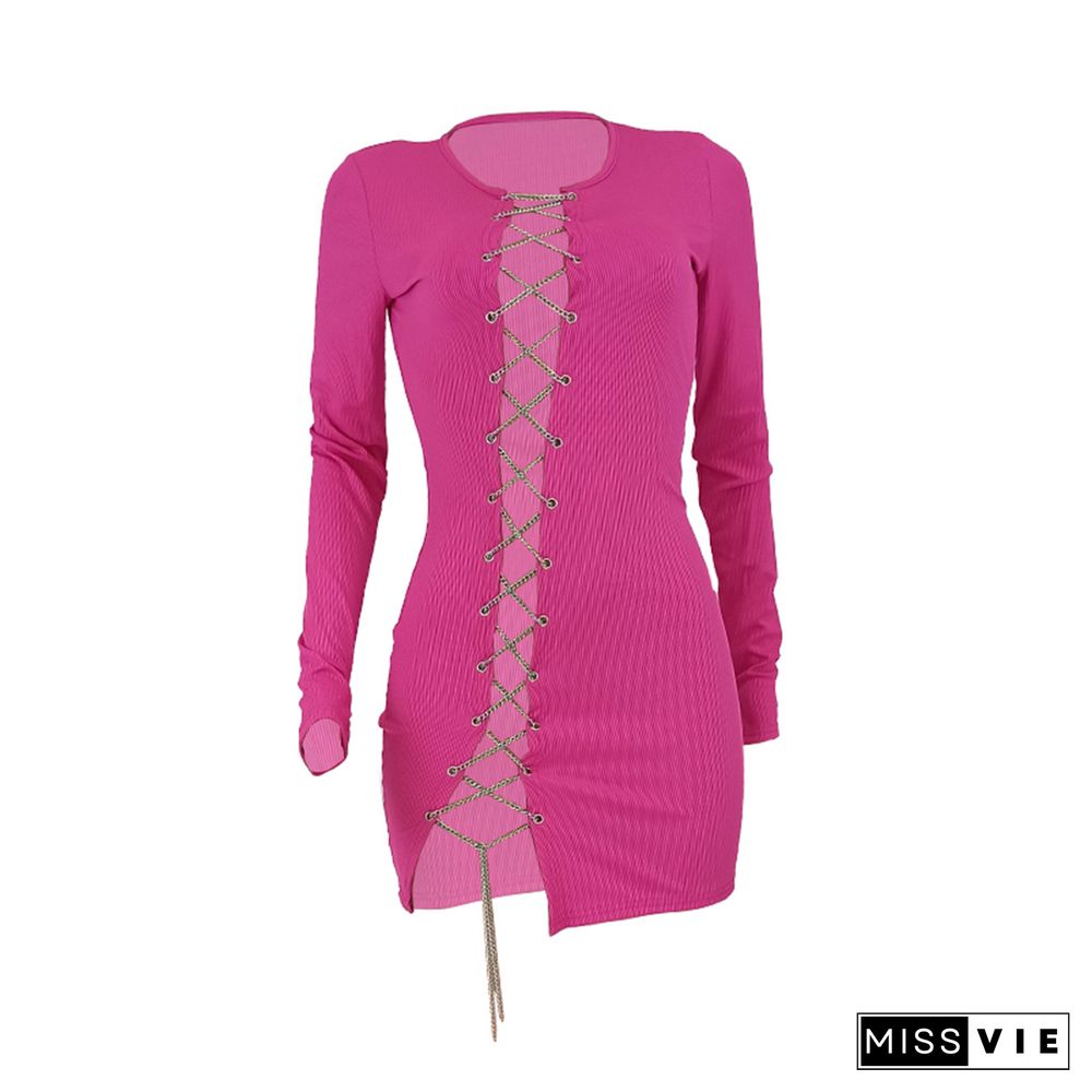 Sexy Women Solid Rib Knitted Hollow Out Metal Chain Tie Up Long Sleeve Bodycon Nightclub Mini Dress