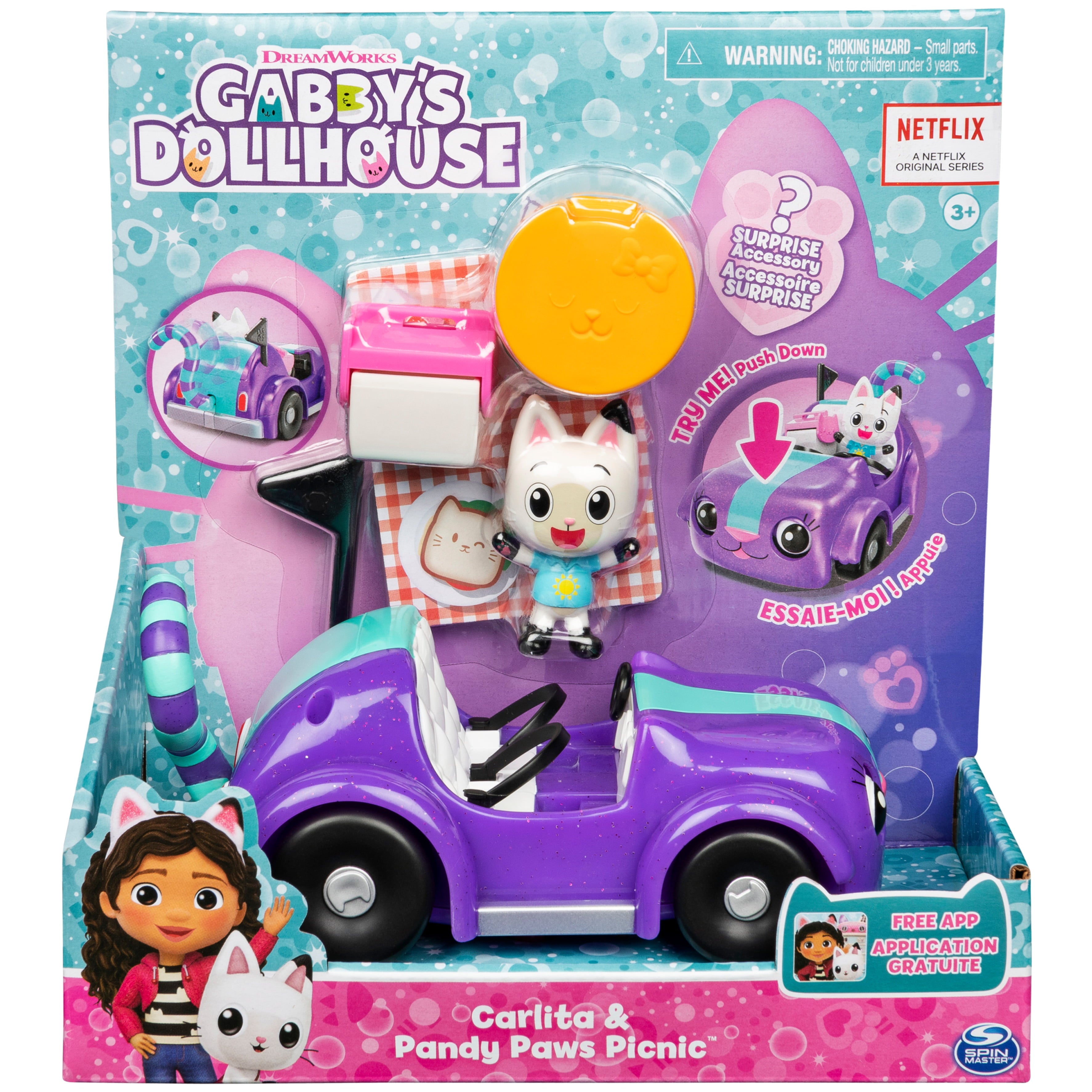 Gabby’s Dollhouse， Carlita Toy Car with Pandy Paws Collectible Figure and 2 Accessories， Kids Toys for Ages 3 and up