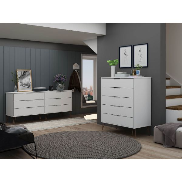 Rockefeller 5-Drawer Tall Dresser and 6-Drawer Wide Dresser in White