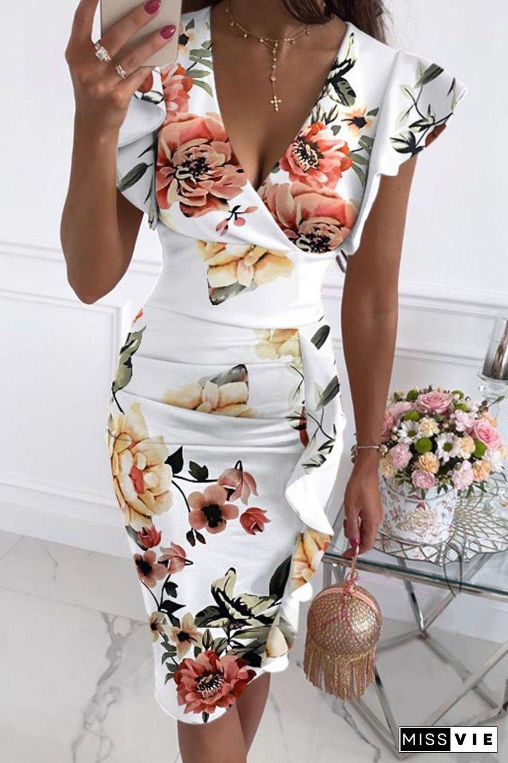 Fashion Street Print Split Joint V Neck Pencil Skirt Dresses