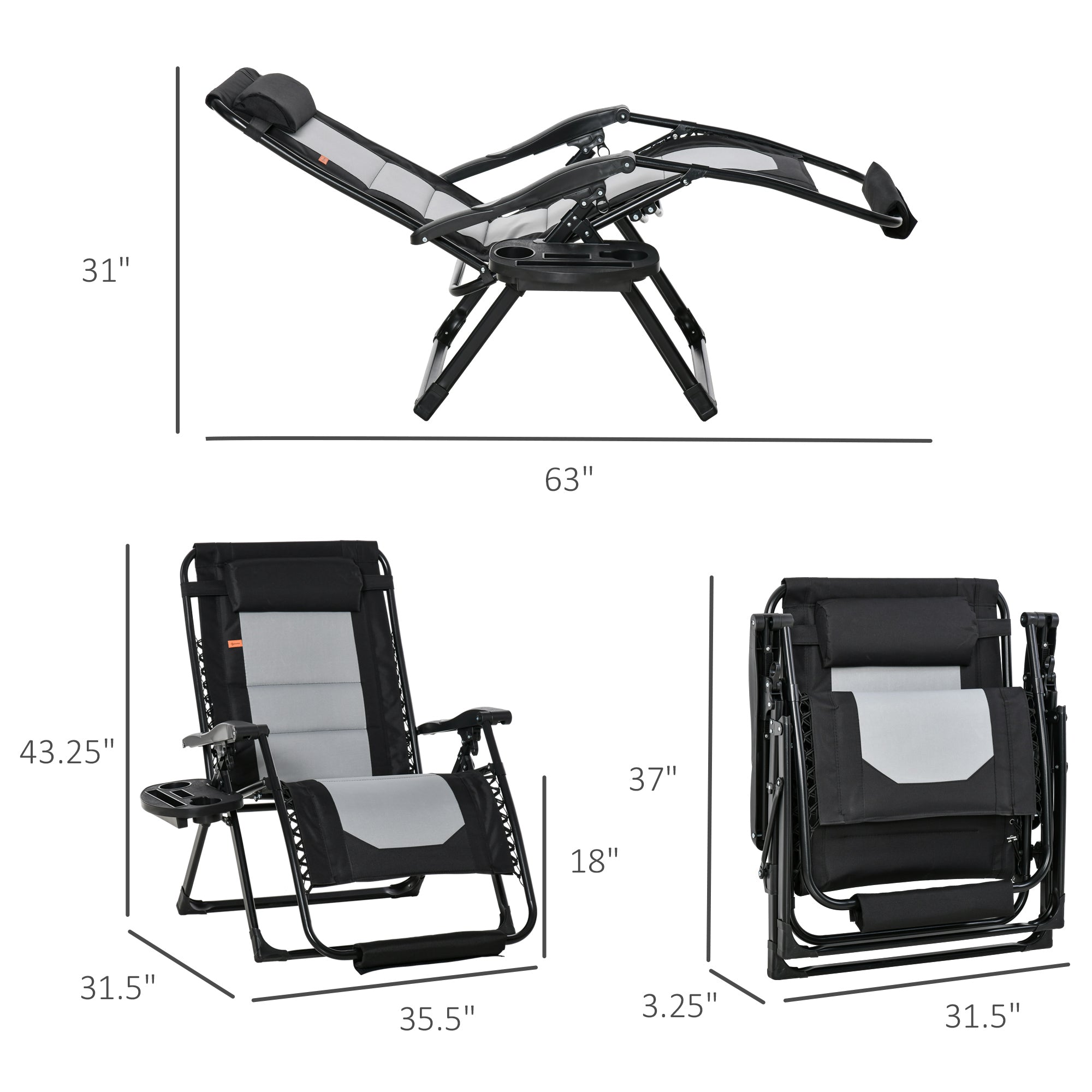 Outsunny Foldable Outdoor Lounge Chair with Footrest, Oversized Padded Zero Gravity Lounge Chair with Headrest, Side Tray, Cup Holders, Armrests for Camping, Lawn, Garden, Black