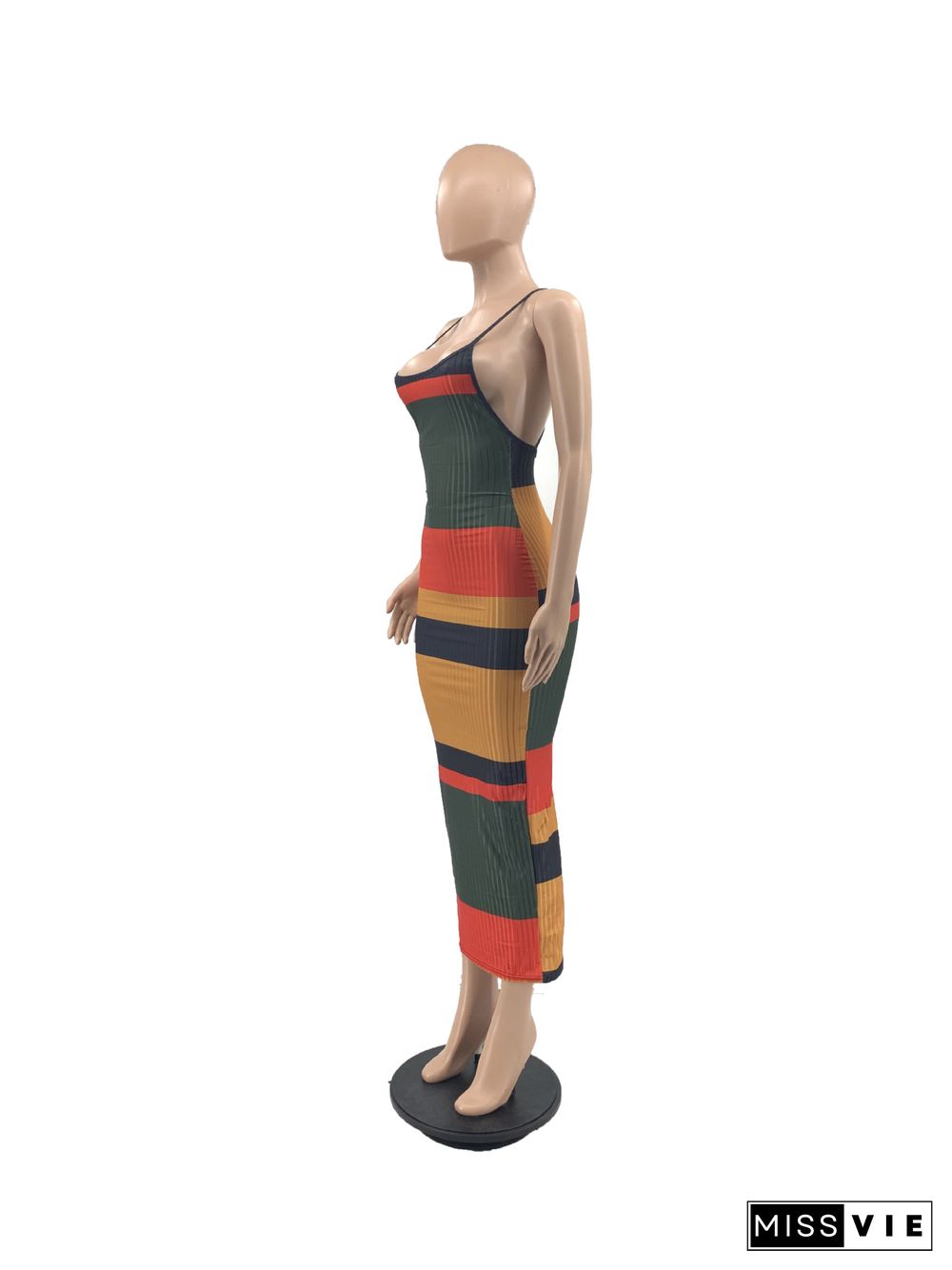 Colorful Striped Knitted Backless Skinny Cami Dress