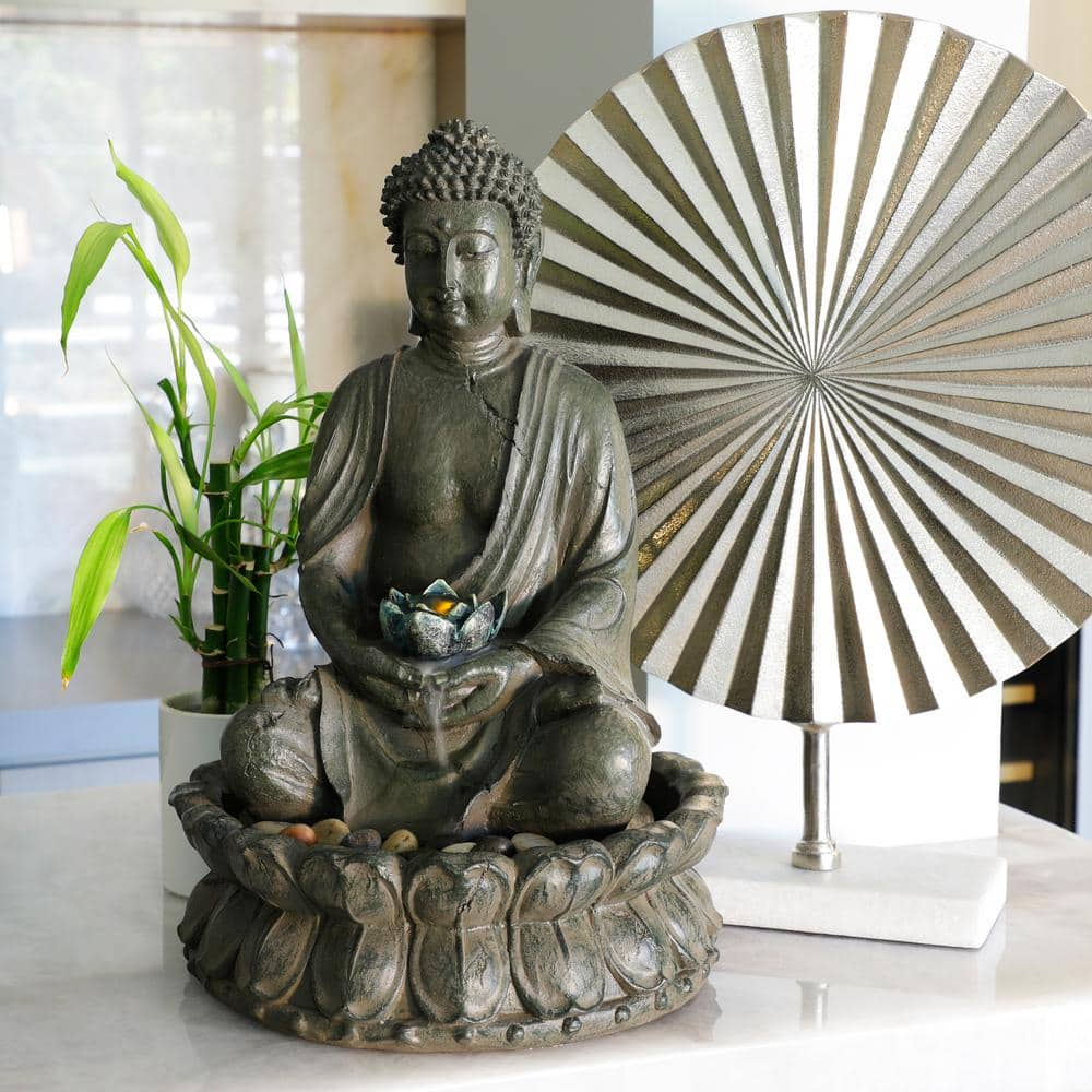 Alpine Corporation 19 in. Tall Indoor/Outdoor Tabletop Meditating Buddha with Lotus Flower Fountain with LED Light GEM178