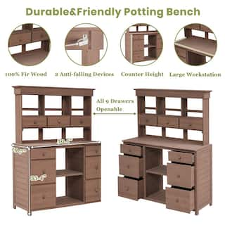 Polibi 50.1 in. W x 65.7 in. H Brown Garden Potting Bench Table with Multiple Drawers and Shelves Brown RS-81037-D