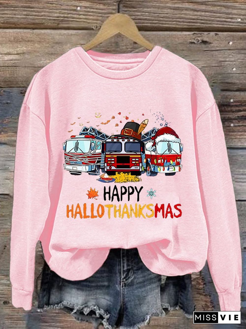 Women's Casual Happy Hallothankmas Firefighter Print Long Sleeve Sweatshirt