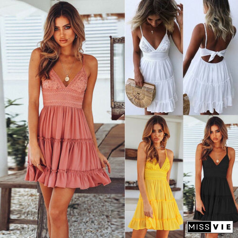 New Women Summer Black Backless Layers Sweet Boho Short Mini Dress V Neck High Waist Evening Party Beach Dresses Sundress