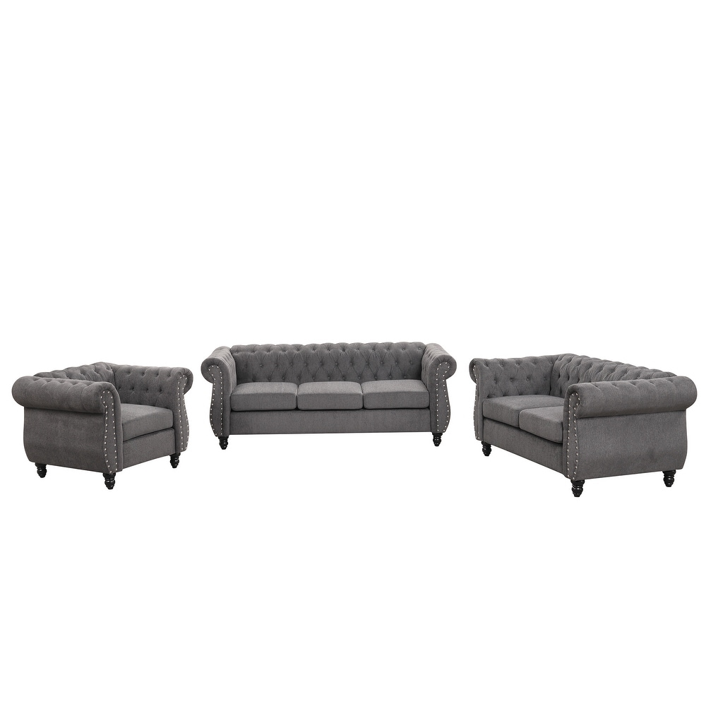 3 Piece Button Down Tufted Dutch Velvet Upholstered Sofa Sets  Including Three Seater Sofa  Two Seater and Set Single Chair