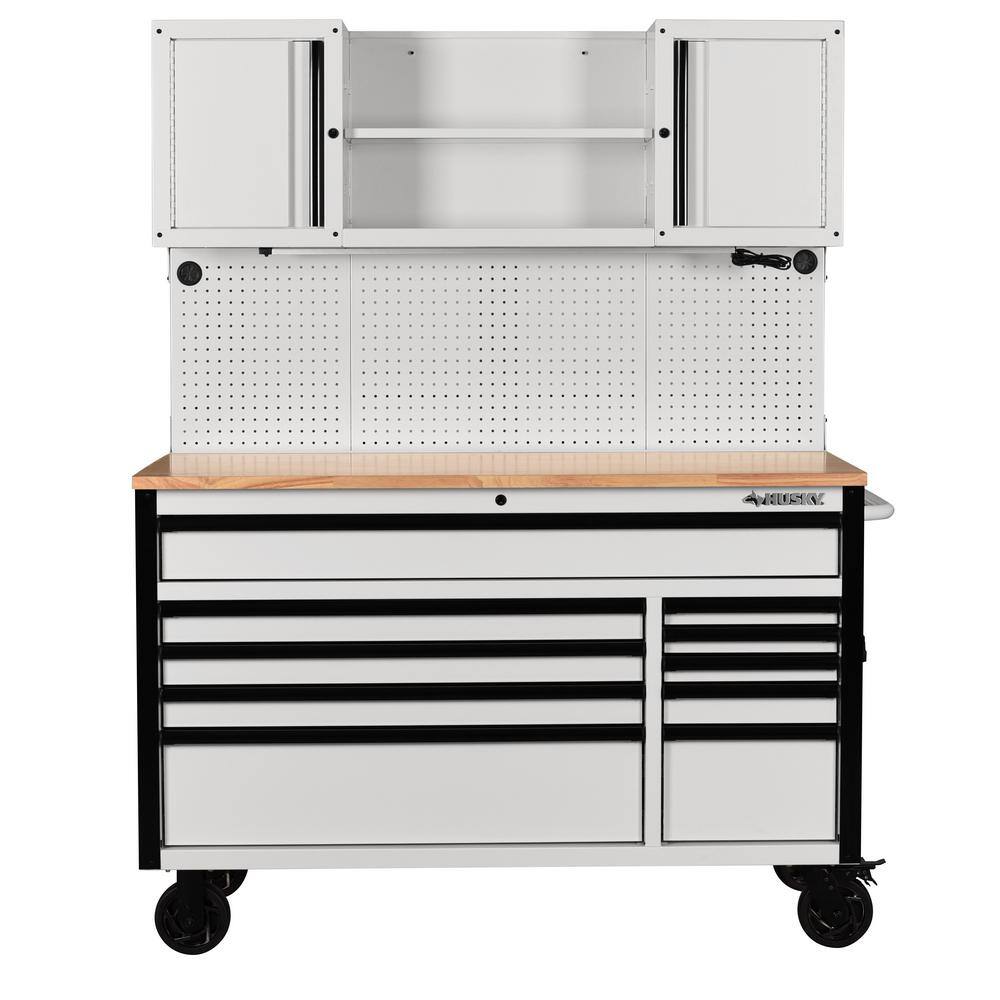 Husky 56 in. W x 27.6 in. D Heavy Duty 10-Drawer Gloss White Mobile Workbench with Pegboard and Top Cabinets H56ULTWSGW