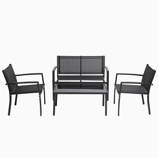 4 Pieces Black Outdoor Conversation Sets with Glass Coffee Table - Overstock - 37475800