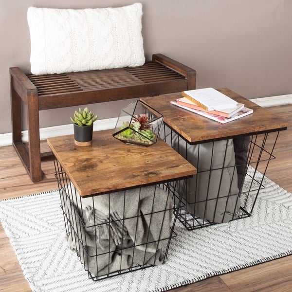 Set of 3 Living Room Tables - Metal Basket Storage with Removable Lids - 2 Small Side and 1 Large Accent Table (Brown/Black)