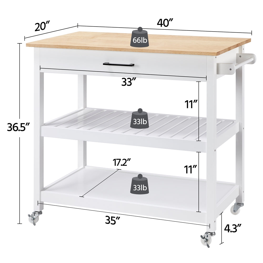 Topeakmart Kitchen Island Cart Wheels with Storage and Drawer Solid Wood Countertop White