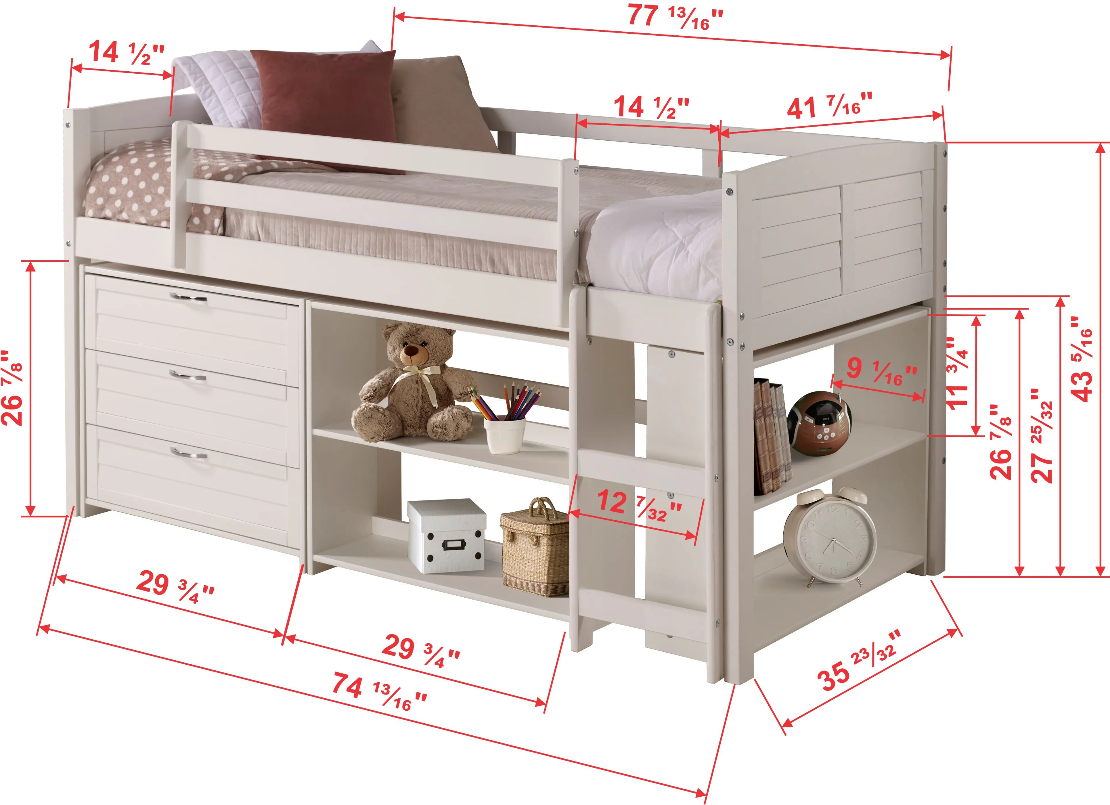 Louver White Low Loft Bed Style C