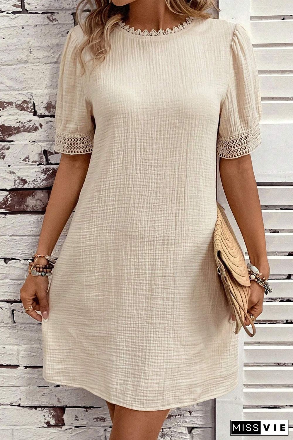 Beige Crinkle Lace Trim Puff Sleeve Shift Mini Dress