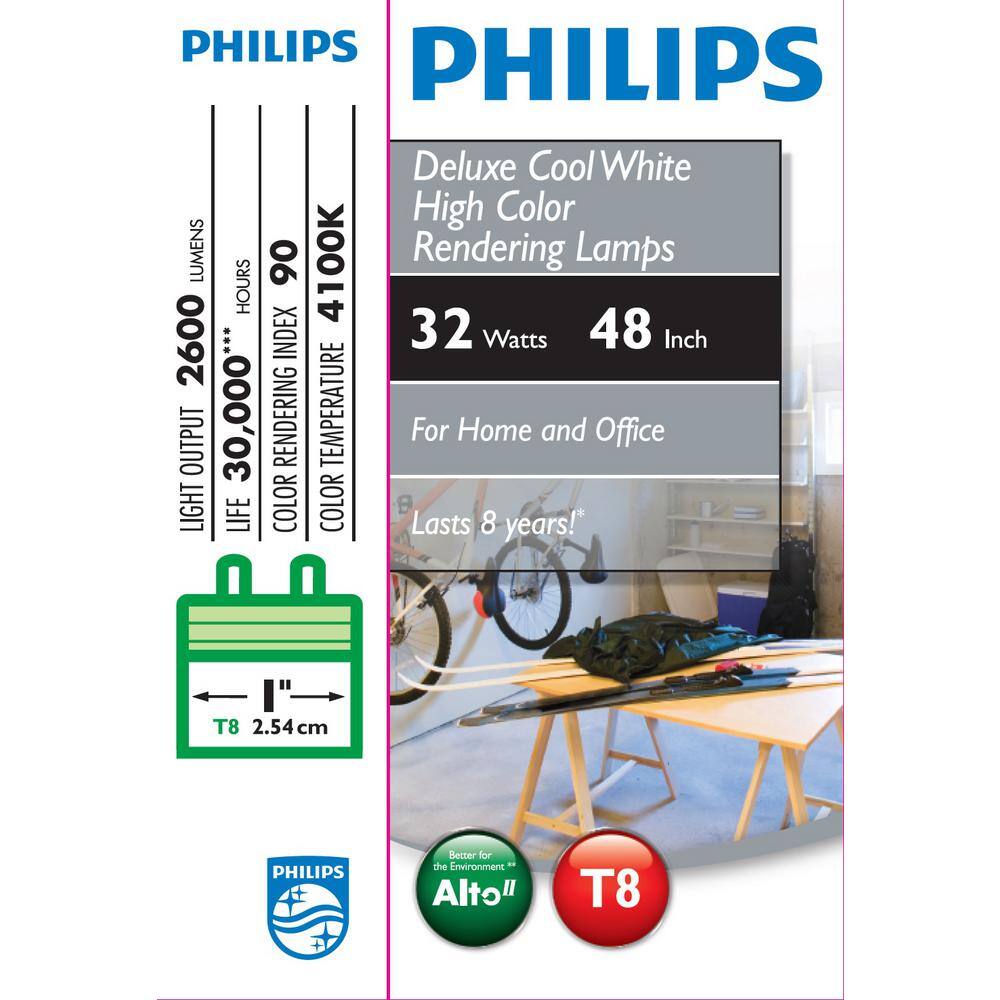 Philips 32-Watt 4 ft. Alto Linear T8 Fluorescent Tube Light Bulb Cool White (4100K) (2-Pack) 479667