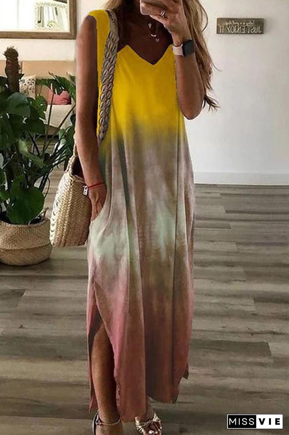 Gradient V Neck Pockets Slit Maxi Dress