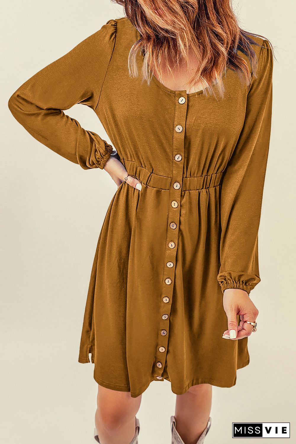 Brown Button Up High Waist Long Sleeve Dress