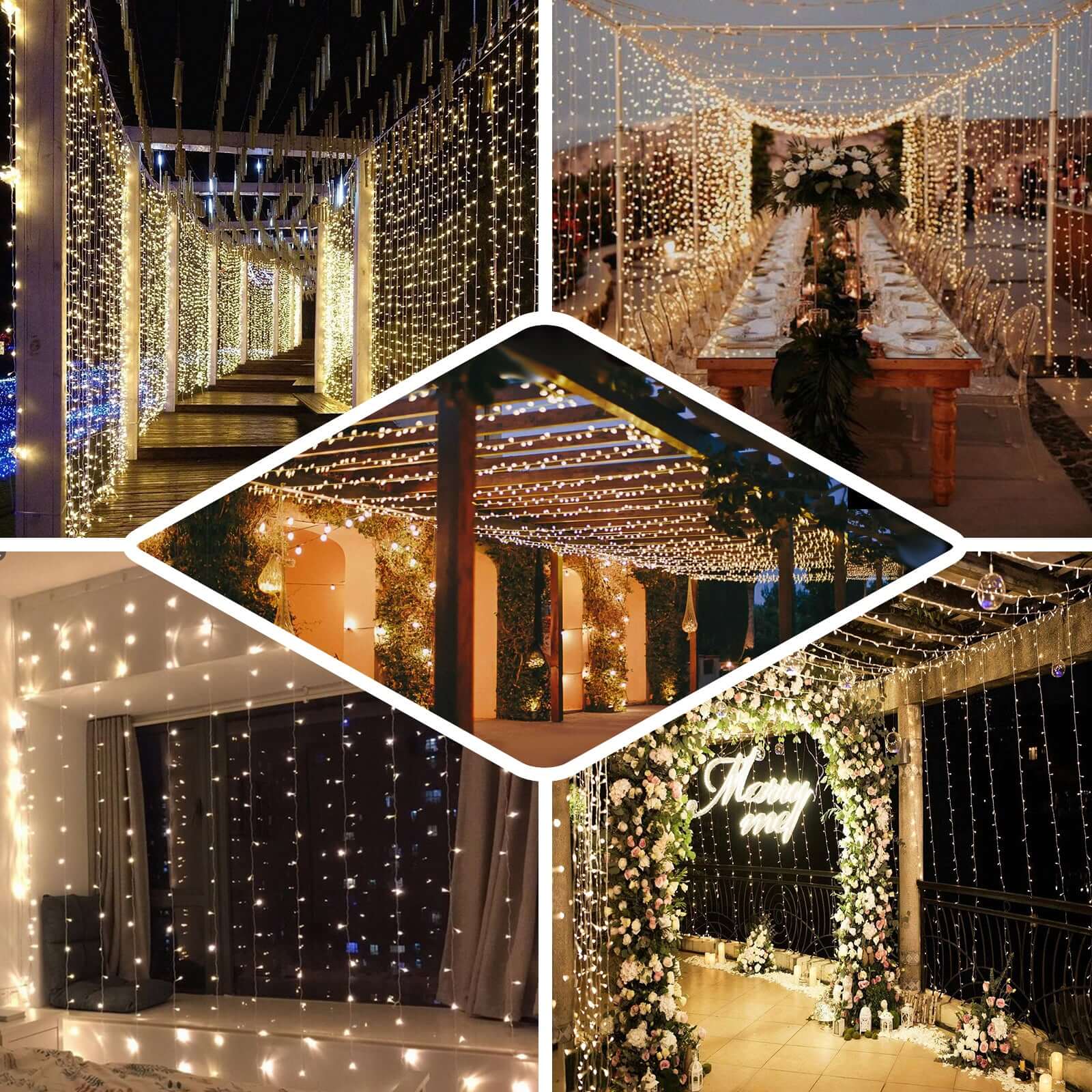 Warm White 300 LED Icicle Curtain Fairy String Lights with 8 Modes 10ft