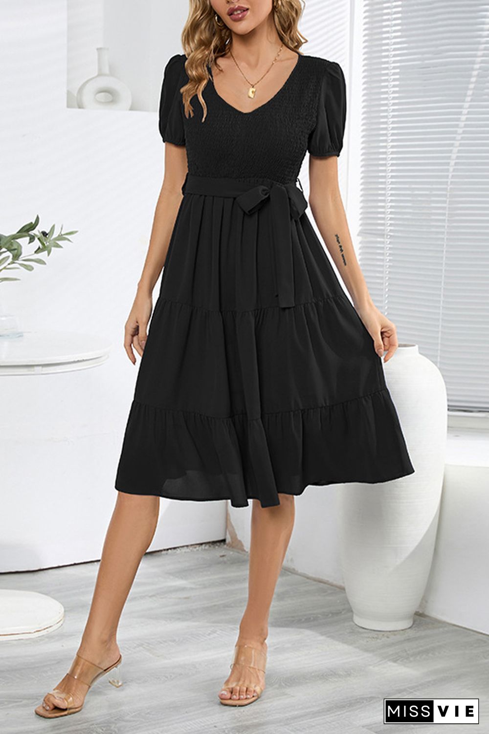 Plain V Neck Smocked Puff Tiered Midi Dress