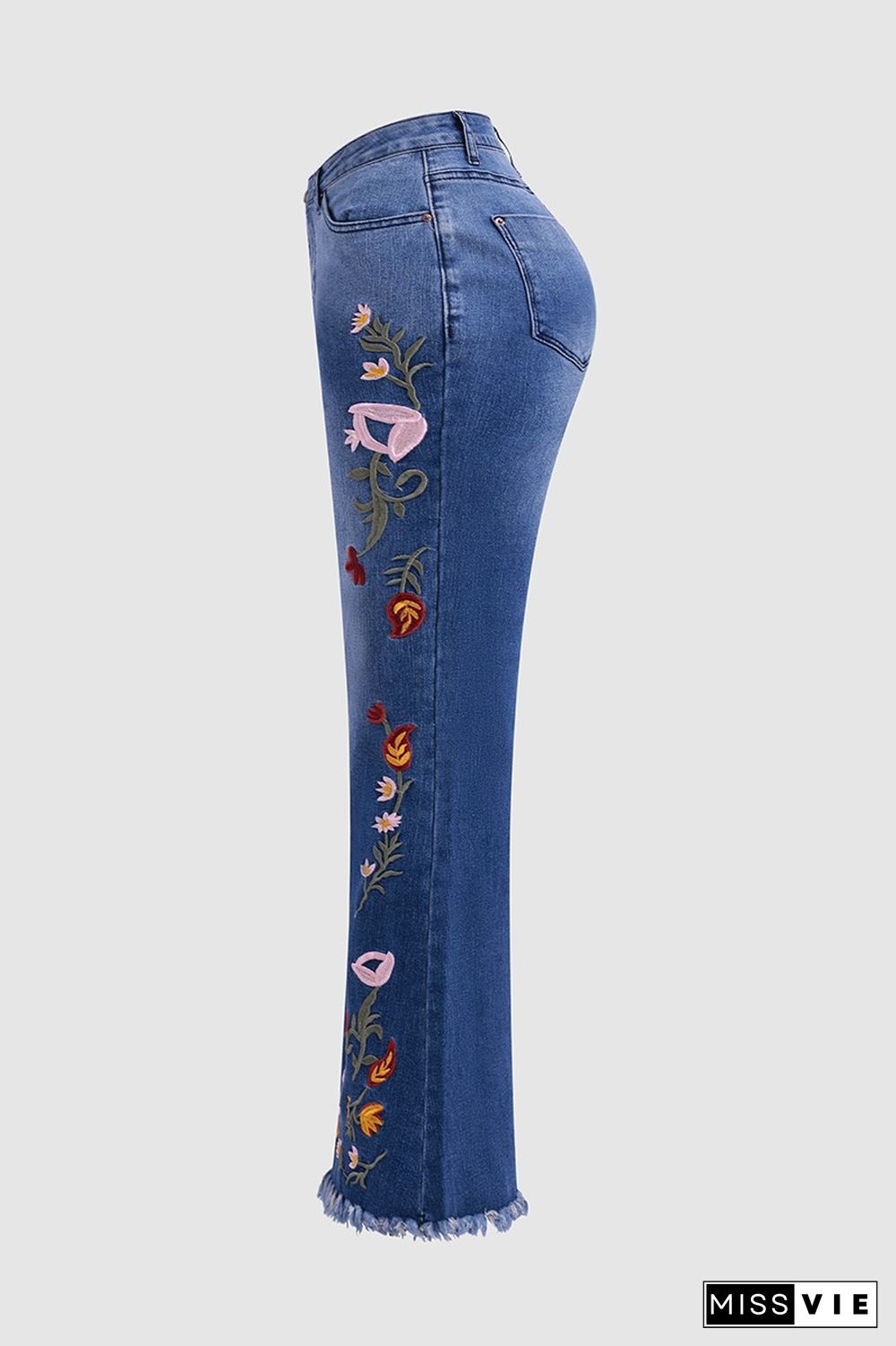 Floral Embroidery Raw Hem Mid Rise Flare Jeans