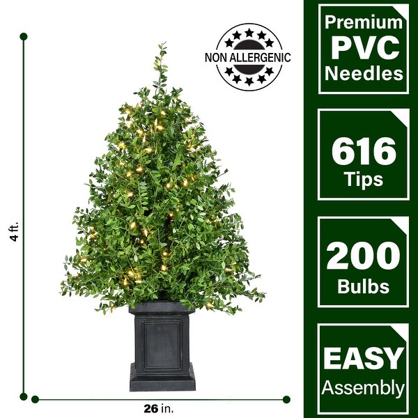 Fraser Hill Farm 4Ft. Boxwood Porch Tree in Black Pot with Warm White Lights，Set of 2